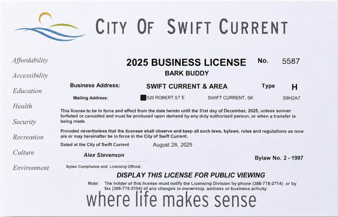 City of Swift Current business licence No. 5587 for Bark Buddy, with the unit number hidden