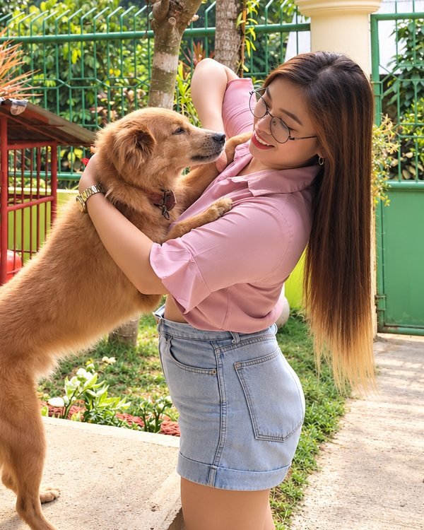 Perry of Bark Buddy getting a big hug from a friendly golden dog