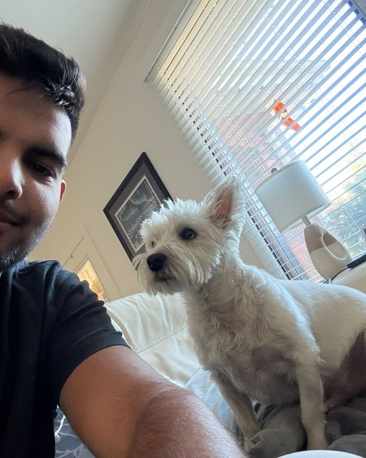 Small white terrier posing for a selfie with a Bark Buddy sitter