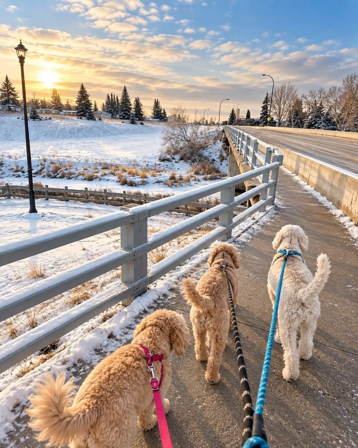 Two fluffy doodles on a winter walk over a Swift Current bridge