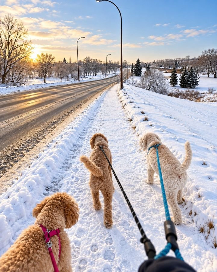 Three curly-coated doodles on a snowy morning walk in Swift Current